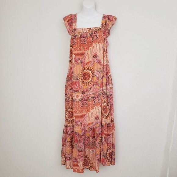 Knox Rose Floral Maxi Dress Orange Small Boho Maximalist Beachy Flowy Casual - Picture 1 of 10